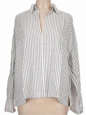 Max Studio London Striped Blouse | White & Black | Relaxed Fit Collared Top